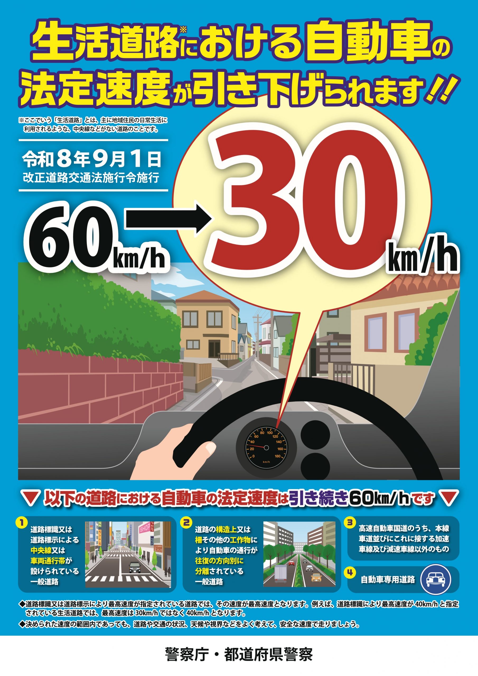 生活道路制限速度30㎞になります（警察庁・都道府県警察）